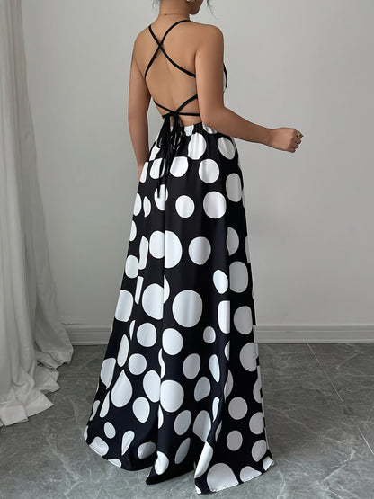 Damen Maxikleid mit Rückenausschnitt und großen Punkten – Elegantes Partykleid im Vintage-Stil