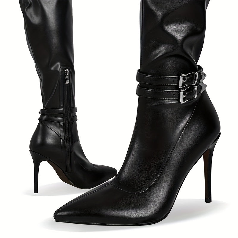 Damen Overknee Stiefel Schwarz mit Schnallen, Spitzem Zeh und hohem Absatz