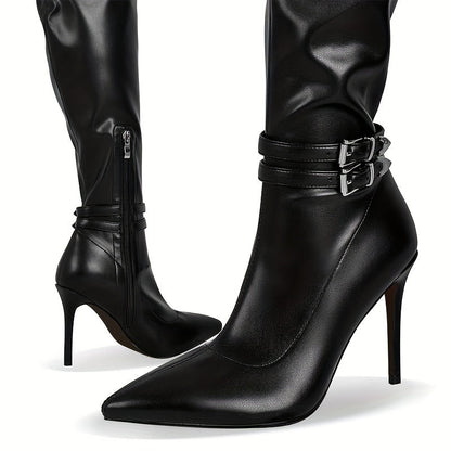 Damen Overknee Stiefel Schwarz mit Schnallen, Spitzem Zeh und hohem Absatz