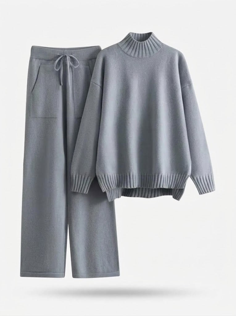 Damen Loungewear-Set aus Strick mit Rollkragenpullover & weiter Hose in Blau