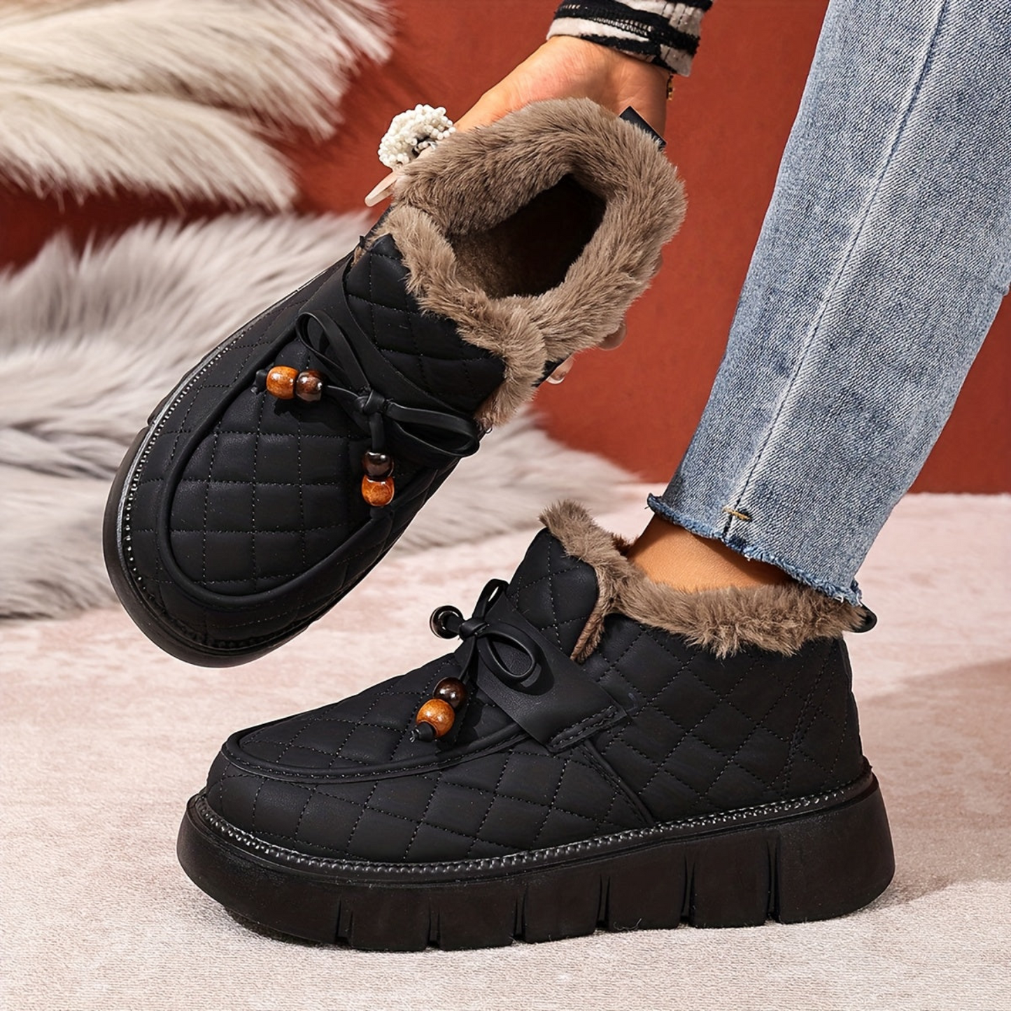 Damen Winterstiefeletten Stepp-Design Plateau Kunstfellfutter mit Zierperlen Schnürung