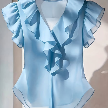 Damen Rüschenbluse mit V-Ausschnitt und Volantärmeln – Eleganter Stil für Büro und besondere Anlässe