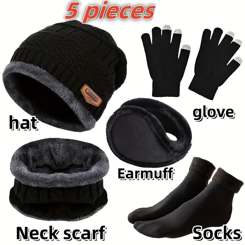 Winterset met muts, sjaal, handschoenen, oorwarmers en gebreide, gevoerde sokken, donkerblauw