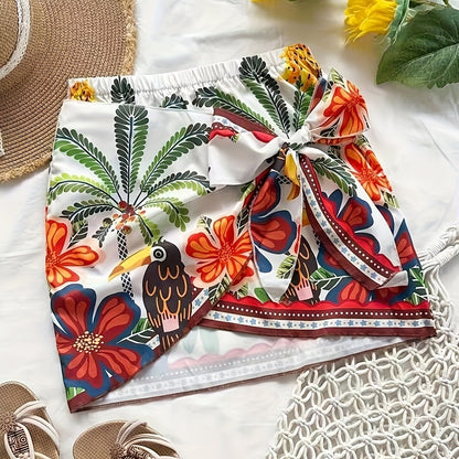 Damen Mini Wickelrock mit tropischem Print und Schleife – Urlaub Strandmode