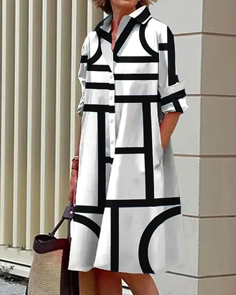 Damen Shirtkleid mit geometrischem Muster und Taschen – Lässiger, moderner Stil für Alltag und Büro