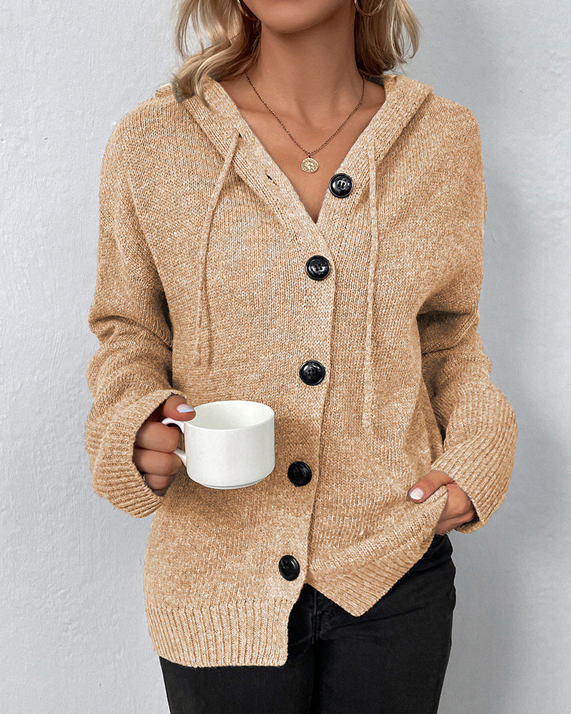 Damen Strickjacke mit Kapuze und Knopfleiste, langärmelig, verschlusslos