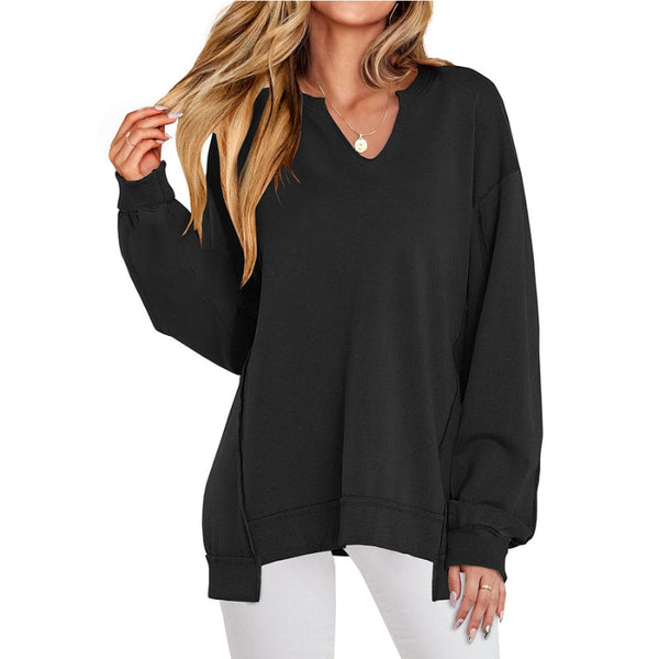 Damen Oversized Pullover V-Ausschnitt Langarm Schwarz Seitenschlitze