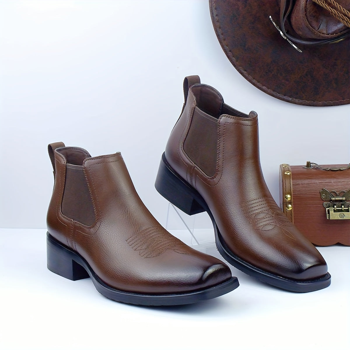 Chelsea Boots mit Western-Stickerei, Blockabsatz und elastischen Einsätzen für Herren