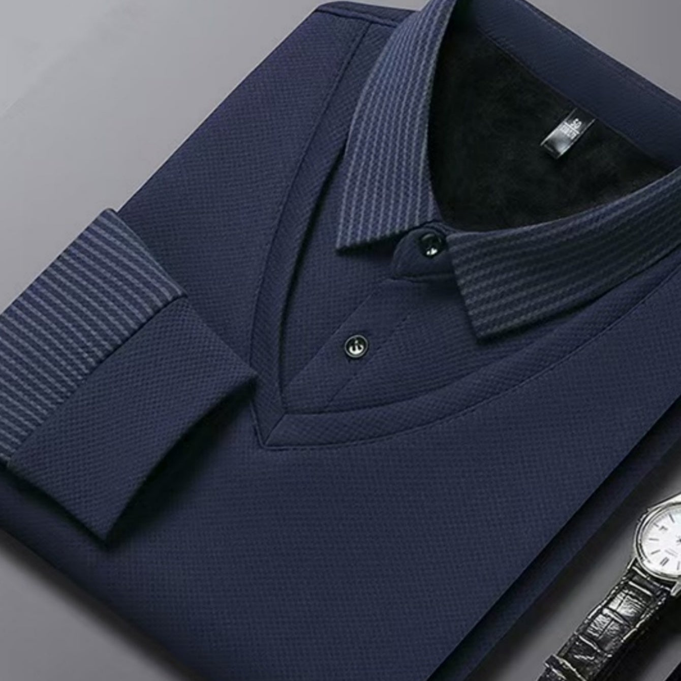 Herren Langarm Poloshirt mit V-Ausschnitt und geripptem Kragen