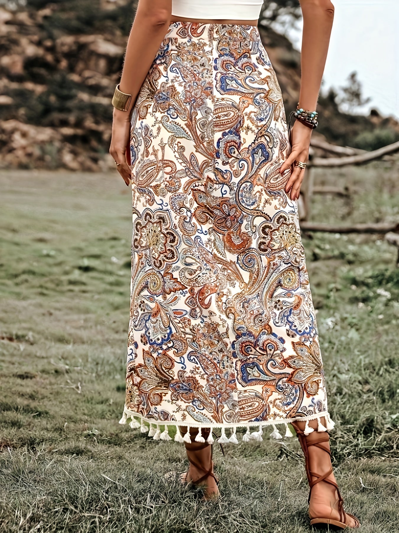 Damen Midirock Boho Wickelstil mit Paisley-Muster und Quasten für Freizeit und Festivals