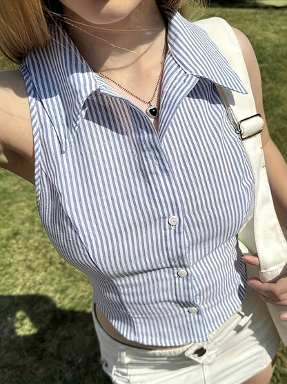 Damen Ärmellose Bluse im Streifen-Look mit taillierter Passform und Kragen – Modisches Business- und Freizeit-Top