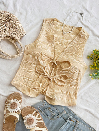 Damen Boho Weste mit Bindeband und Crinkle-Optik – Modisches ärmelloses Top für Freizeit und Urlaub