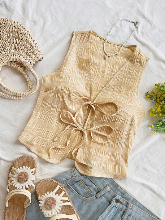 Damen Boho Weste mit Bindeband und Crinkle-Optik – Modisches ärmelloses Top für Freizeit und Urlaub