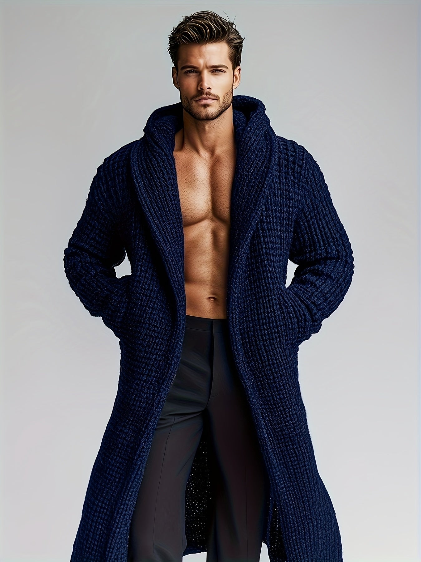 Herren Strickmantel mit Kapuze | Langer Bademantel in Waffelstruktur