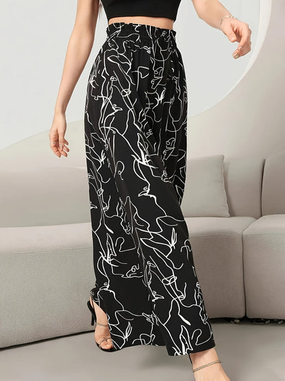 Damen Weite Palazzo-Hose mit Künstlerischem Linienmuster – Modische Statement-Hose für Freizeit und Ausgehen