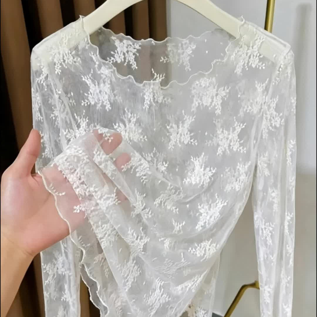Damen Langarm Mesh-Top mit floraler Stickerei und femininen Details – Elegantes Statement für besondere Anlässe