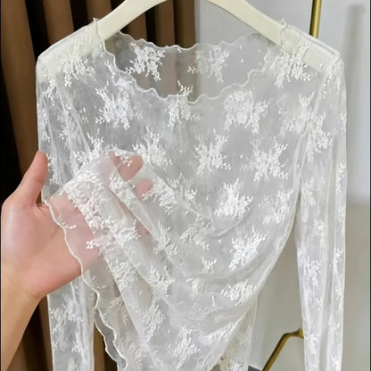 Damen Langarm Mesh-Top mit floraler Stickerei und femininen Details – Elegantes Statement für besondere Anlässe