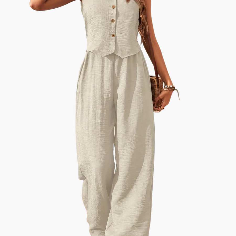 Damen Eleganter Zweiteiler Jumpsuit mit Weste und Weiten Hosen – Freizeit & Sommer Outfit