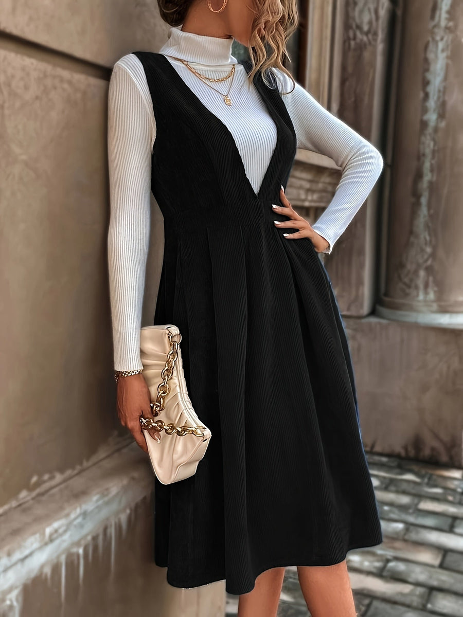 Damen Latzkleid Kord Midi Tief V-Ausschnitt Dunkelblau