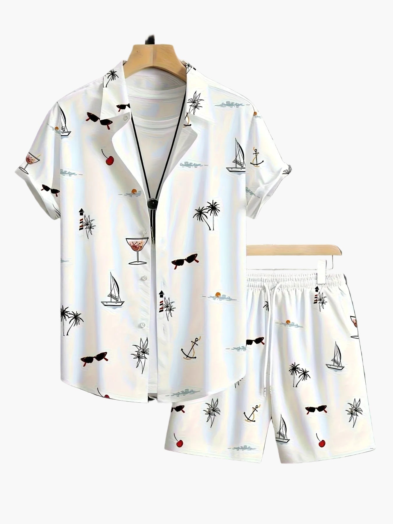 Herren Sommer Freizeit Set – Kurzarm Hemd & Shorts mit maritimen Motiven, ideal für Urlaub und Strand