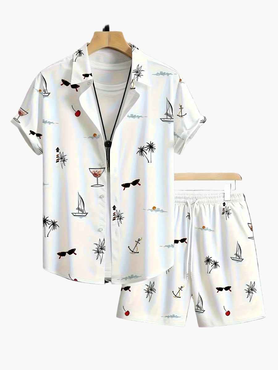 Herren Sommer Freizeit Set – Kurzarm Hemd & Shorts mit maritimen Motiven, ideal für Urlaub und Strand