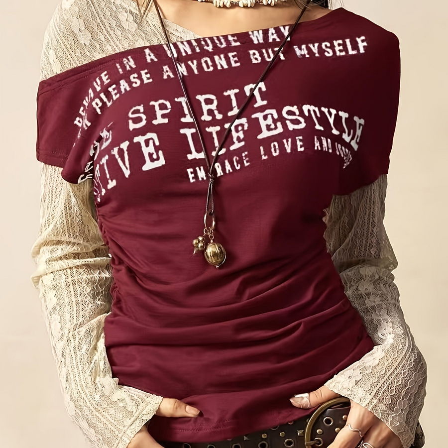 Damen Off-Shoulder T-Shirt mit Raffung und Druck, kurzärmlig
