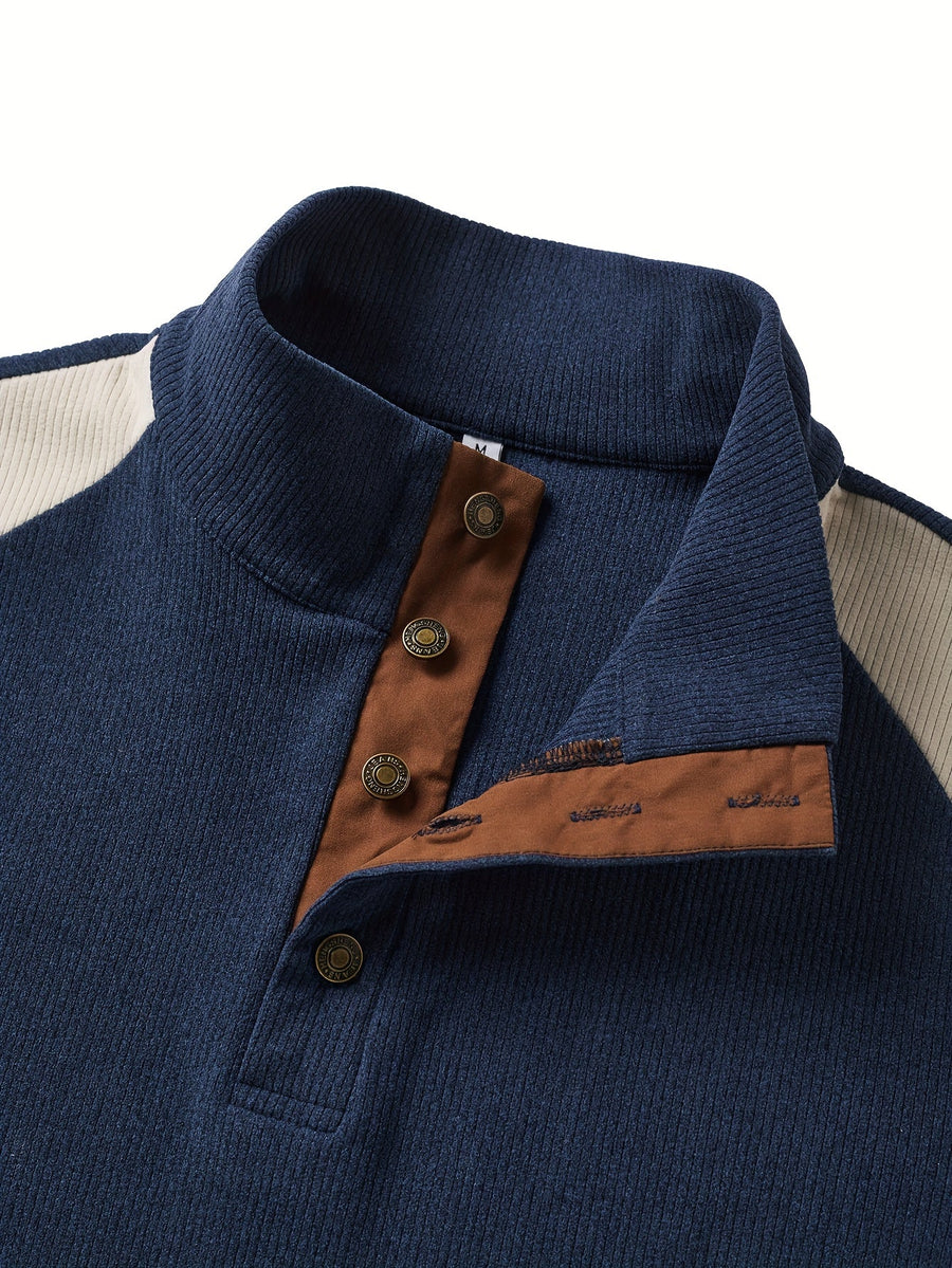 Herren Strickpullover Blau Beige mit Stehkragen & Knopfleiste, Ellbogen-Patches