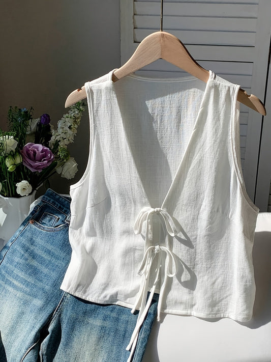 Damen ärmellose Weste mit Schleifen-Detail und V-Ausschnitt – Modische Layering-Weste für Freizeit und Alltag