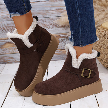 Damen Plateaustiefelette mit weichem Futter, Schnalle & dicker Sohle Schwarz