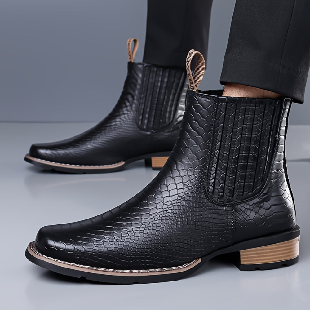 Herren Chelsea Boots mit Kroko-Muster, quadratischer Zehenkappe, Schwarz
