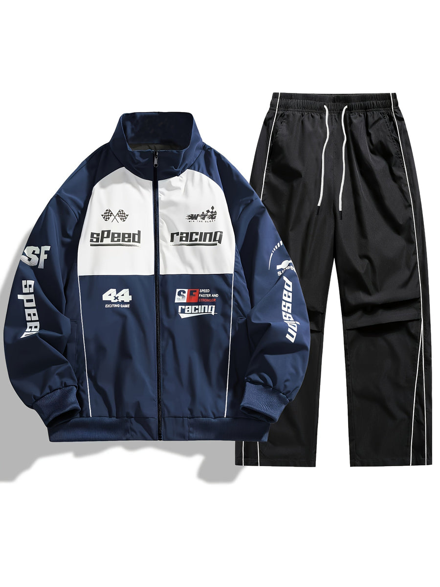 Unisex Racing Trainingsanzug mit Reißverschluss Jacke & Hose - Sportlicher Jogginganzug mit Aufdruck
