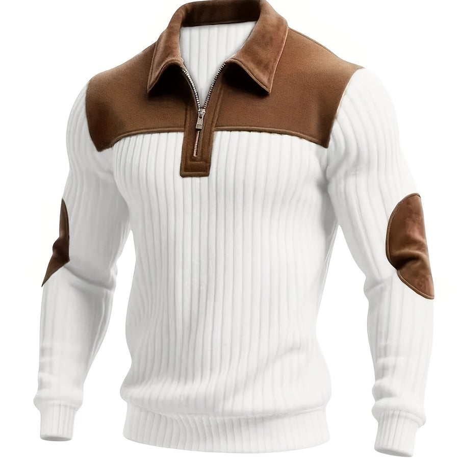 Herren Strickpullover Rippstrick Reißverschluss Kragen Ellenbogenpatches Beige Braun