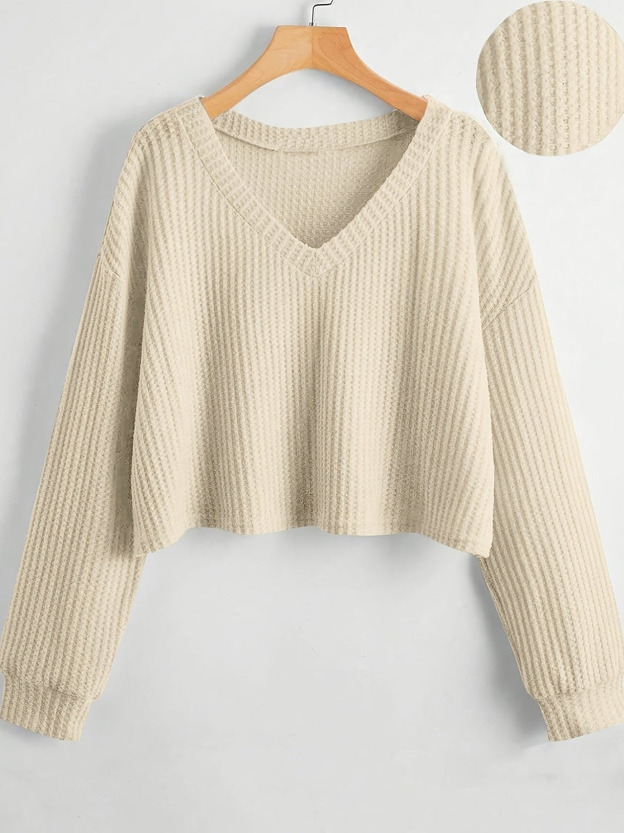 Damen Crop Top Strickpullover V-Ausschnitt Waffelstruktur Langarm