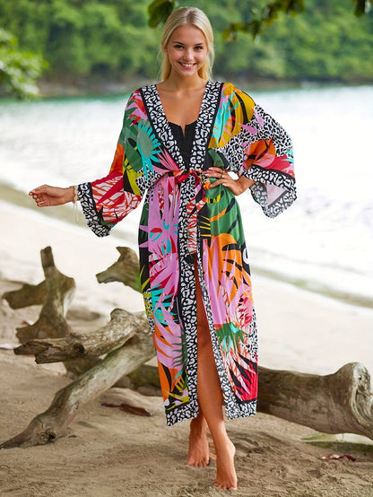 Damen Strand Kimono Lang mit Tropischem Muster und Animal Print – Modischer Überwurf für Urlaub und Pool