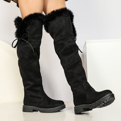 Damen Overknee Stiefel Schwarz mit Kunstfell und Schnürung Profilsohle