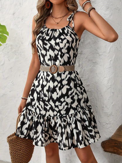 Damen Kleid mit abstraktem Print und Volant – Ärmelloses Sommerkleid, lockerer Schnitt, für Freizeit & Urlaub
