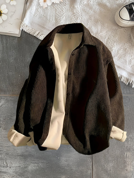 Unisex Corduroy Overshirt Jacke Knopfleiste Brusttaschen Dunkelbraun