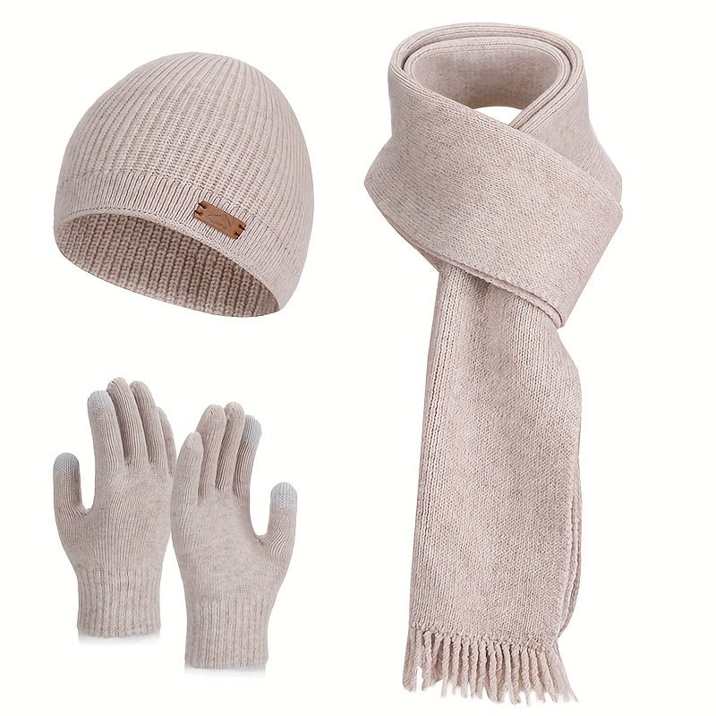 Unisex Winter Set Strickmütze Schal Handschuhe Touchscreen