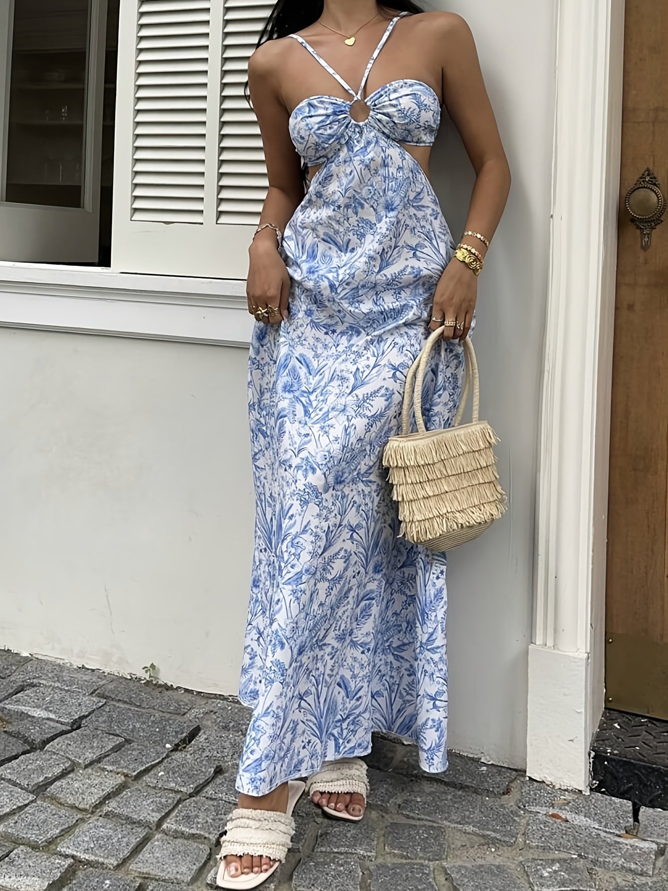 Damen Maxikleid mit botanischem Muster und Cut-Outs – Eleganter Sommer-Look