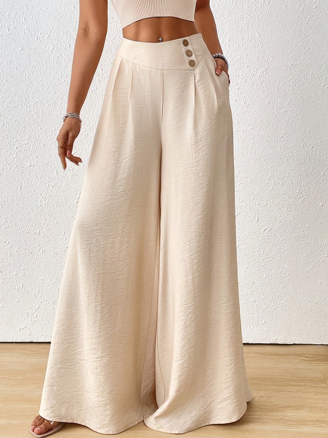Damen Weite High-Waist Palazzo Hose mit Knopfdetail Eleganter Stil
