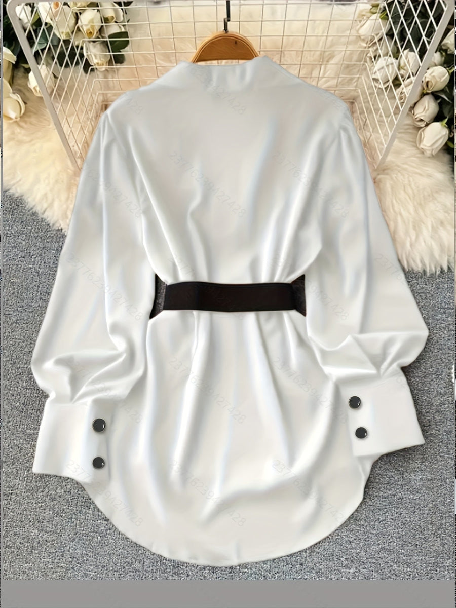 Damen Bluse Langarm Hemdkragen Weiß Weite Ärmel Gürtel