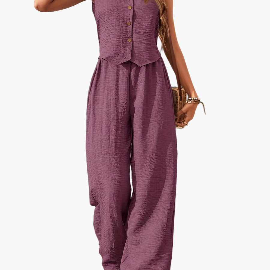 Damen Eleganter Zweiteiler Jumpsuit mit Weste und Weiten Hosen – Freizeit & Sommer Outfit