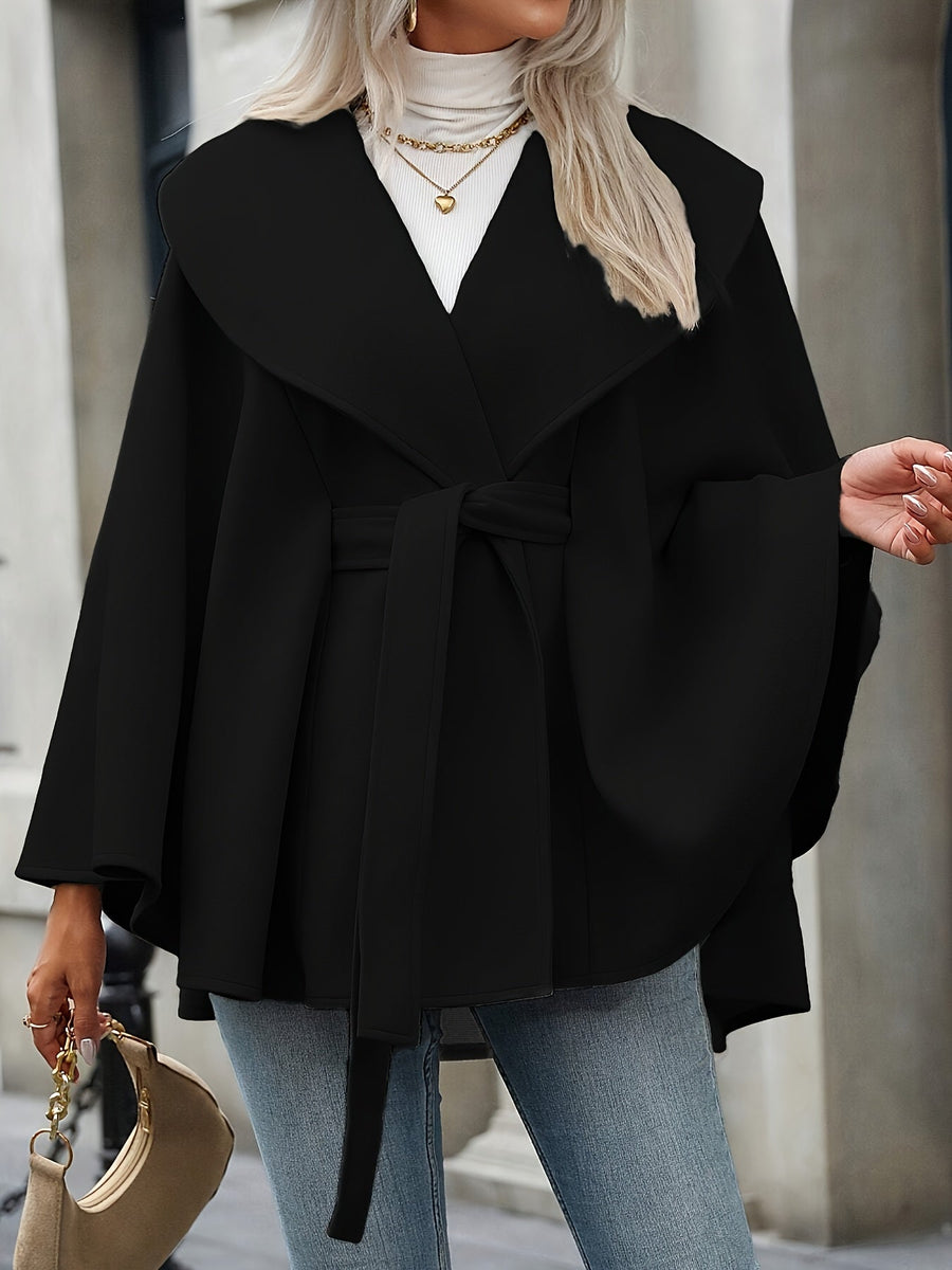 Damen Cape Mantel mit Bindegürtel, Wickelkragen und weitem Schnitt