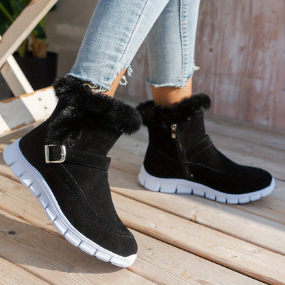 Damen Winterstiefeletten mit Kunstfellbesatz, flache Sohle, Schnallendetail