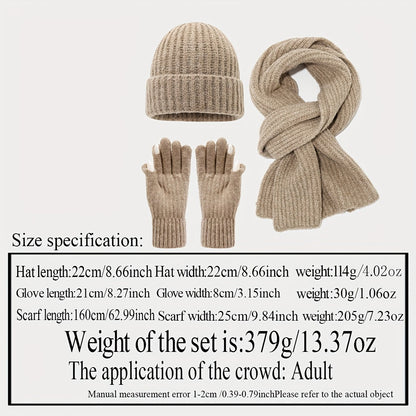 Unisex Strickmütze Schal Handschuh Set Gerippt Beige Winter Accessoire