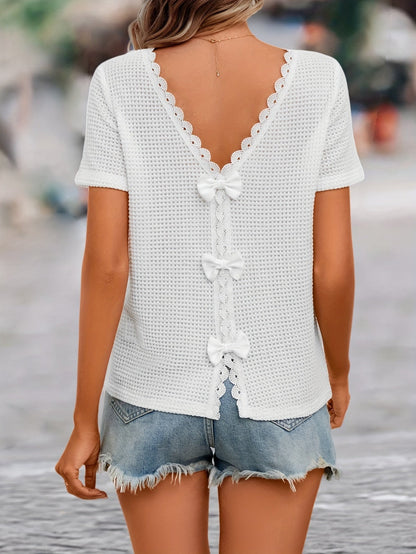 Damen Spitzen-Top mit Rückenausschnitt und Schleifen – Elegantes Kurzarm Shirt für Freizeit und Ausgehen