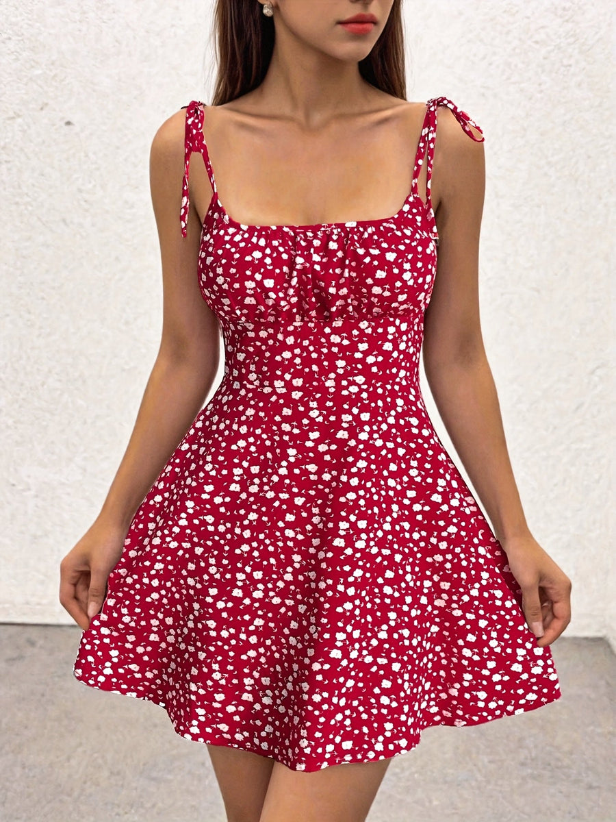 Damen Sommerkleid mit Blumendruck und Schleifen-Trägern – Verspieltes Freizeitkleid für Alltag und Urlaub