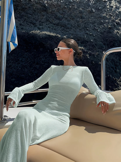 Damen Maxi Kleid mit langen Ärmeln und elegantem Wave-Design – Stilvolles Urlaubsoutfit für Strand und Yacht