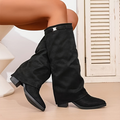 Damen Kniehohe Stiefel Braun mit Schnalle und Blockabsatz
