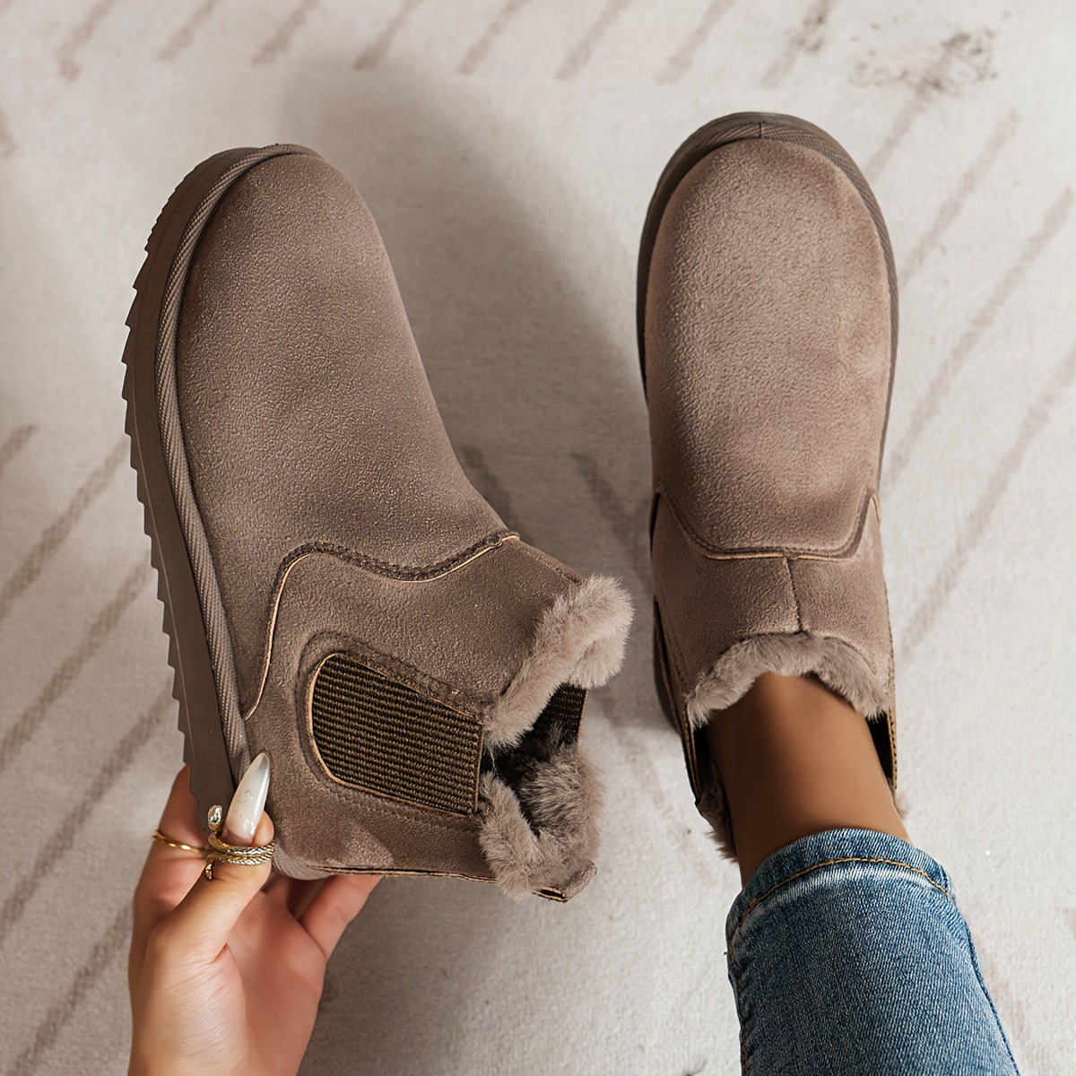 Chelsea Boots Damen gefüttert Winter Stiefeletten warm Plüschimitat Grau